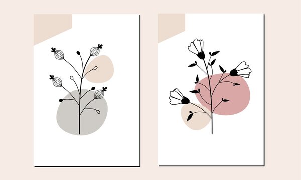 Set of two minimal line art Flower and organic shapes wall art. Boho wall decor. Scandinavian wall decorations. Aesthetic home Decorations. Can use for poster, social media, invitation and cards.