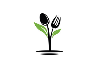 Fork spoon with green leaves  Plant Garden Farm logo design for restaurant