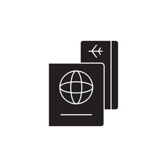 passport and ticket, travel document icon  in black flat glyph, filled style isolated on white background