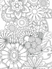 Doodle floral pattern in black and white. A page for coloring book: very interesting and relaxing job for children and adults. Zentangle drawing. Flower carpet in a magic garden
