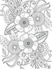 Doodle floral pattern in black and white. A page for coloring book: very interesting and relaxing job for children and adults. Zentangle drawing. Flower carpet in a magic garden