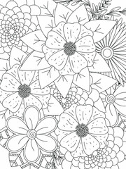 Doodle floral pattern in black and white. Page for coloring book: very interesting and relaxing job for children and adults. Zentangle drawing. Flower carpet in magic garden