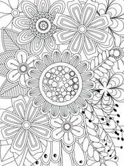 Doodle floral pattern in black and white. Page for coloring book: very interesting and relaxing job for children and adults. Zentangle drawing. Flower carpet in magic garden