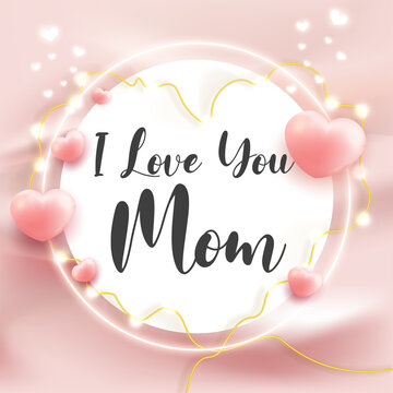 i love you mom happy mother's day greeting card template heart shape 3d render style on curtain wavy background