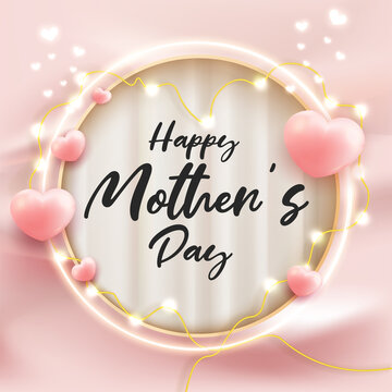 happy mother's day greeting card template light heart shape 3d render style on curtain wavy background
