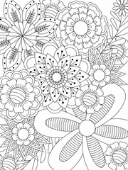 Doodle floral pattern in black and white. Page for coloring book: very interesting and relaxing job for children and adults. Zentangle drawing. Flower carpet in magic garden