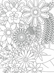 Doodle floral pattern in black and white. Page for coloring book: very interesting and relaxing job for children and adults. Zentangle drawing. Flower carpet in magic garden