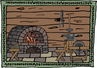Illustration of a medieval forge in a stylized frame. Medieval, forge, furnace, anvil, grindstone, ironwork, blacksmith, ready to use, eps. For your design