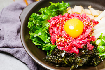Yukhoebibimbap, Korean style Beef Tartare Bibimbap : This is a bowl of rice topped with seasonal namul (seasoned vegetables) and fresh yukhoe (chopped raw beef) and served with seasoning. Lean fresh r