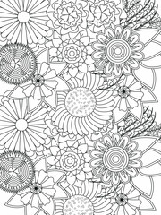 Doodle floral pattern in black and white. A page for coloring book: very interesting and relaxing job for children and adults. Zentangle drawing. Flower carpet in a magic garden