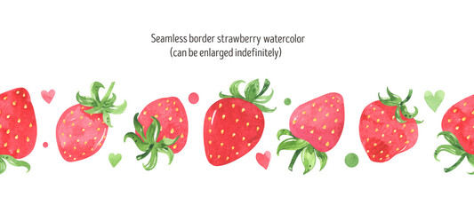 Juicy strawberry watercolor design seamless border. Bright red berries, green leaves. Summer botanical illustration. For packages, cards. Summer sweet and bright fruits and berries. Isolated on white