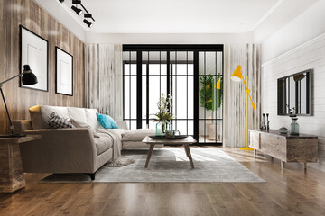 3d rendering loft luxury living room with bookshelf