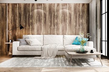 3d rendering wood wall in living room with sofa near window