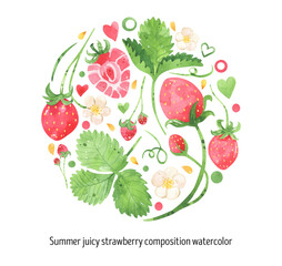 Juicy strawberry watercolor design comositions. Bright red berries and green leaves, strawberry flowers. Summer botanical illustration. For packages, cards, logo. Summer sweet berries. Isolated 
