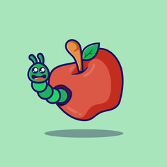 Apple Fruit with Happy Worm Illustration Design