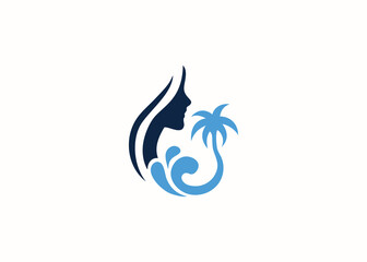 Fototapeta premium Summer logo. wave, palm and girl silhouette. Traveling design template inspiration.