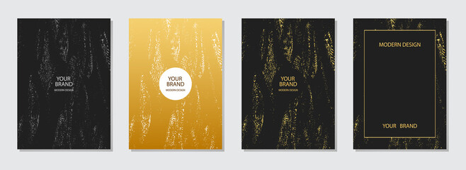 Cover design set. Collection of stylish vertical templates. Grunge golden marble texture. Geometric backgrounds. Design for brochure, catalog, book, poster, flyer, invitation with place for text.