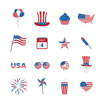 Set of icons for Independence Day of USA. Holiday elements for 4th of July celebration. National Freedom Day. Vector illustration in cartoon style.