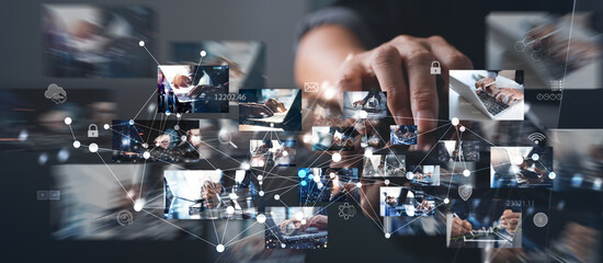 Digital technology, global business network connection, data analysis, social media marketing, digital software development, teamwork and business strategy, internet technology