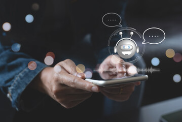 Chatbot assistant conversation, Ai Artificial Intelligence technology concept. Woman chatting with...
