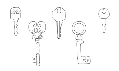 Set of 5 one line key drawings. Continuous line art of antique old keys for real estate. Isolated antique hotel room key