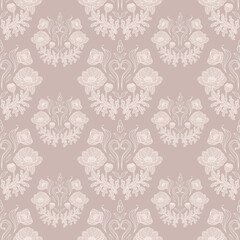 Vintage seamless pattern beautiful poppy bouquets on a beige background. Rococo style. Botanical illustration for wallpaper, fabric print, packaging