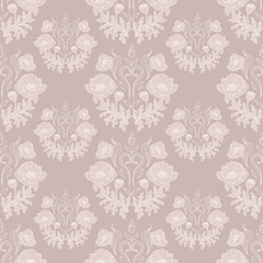 Vintage seamless pattern beautiful poppy bouquets on a beige background. Rococo style. Botanical illustration for wallpaper, fabric print, packaging