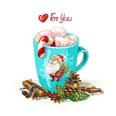 a cup of coffee with cinnamon and saffron, marshmallows and sweets for you blue cup with santa claus, coffee with cinnamon and saffron, marshmallows and sweets, hand drawing with text for you,