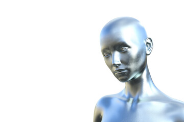 3D render portrait of a silver bald woman on a white background.