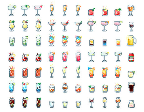 Mega collection of pixel art 8 bit gamer design cocktails. Vector emoji icons.