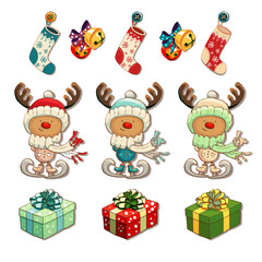christmas deer, boot, gift, set of elements three options for Christmas deer, gift box, bells, boots, a set of Christmas elements on a white background, hand drawing