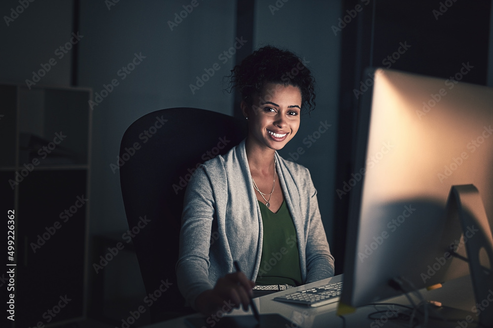 Poster great results require a dedicated amount of hours. portrait of a young businesswoman working late on