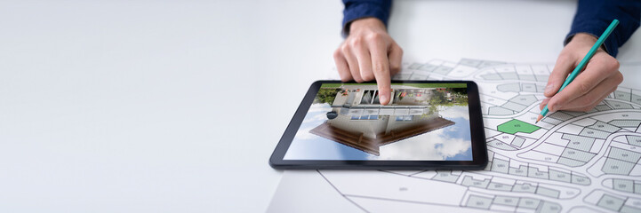 Hand Holding Pencil Over Cadastre Map New Tablet