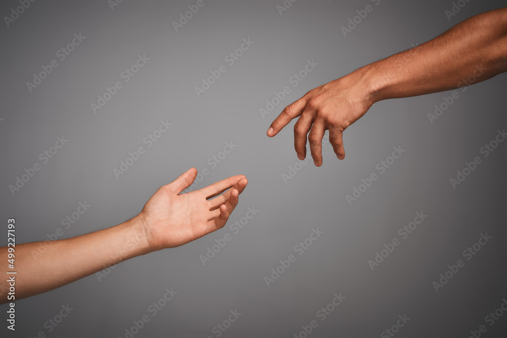 Poster Get in touch with your classical side. Studio shot of unidentifiable hands reaching for each other against a gray background.