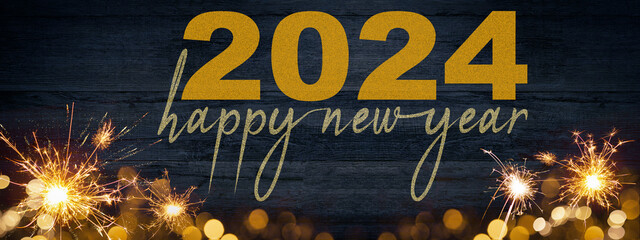 HAPPY NEW YEAR / NEW YEAR'S EVE 2024 background greeting card - Frame of lights bokeh golden flares...