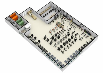 Floor plan gym. Fitness center 3d illustration. Fitness. Gym. Fitness club. Gym interior design.