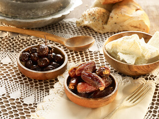 Date palm fruits and olives for Ramadan meal