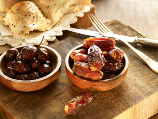 Date palm fruits and olives for Ramadan meal