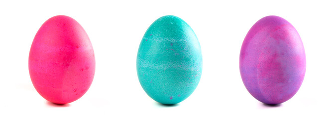 Three Brightly Colored Easter Eggs on a White Background