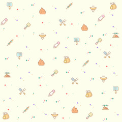 pattern on the theme barbecue, Grill, basil, BBQ, picnic, camping, meat, steak, food, sausages, beef and more. simple color icons on beige background.