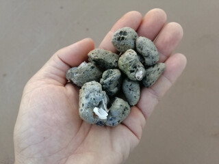 Raw pumice cobbles stone on a hand.