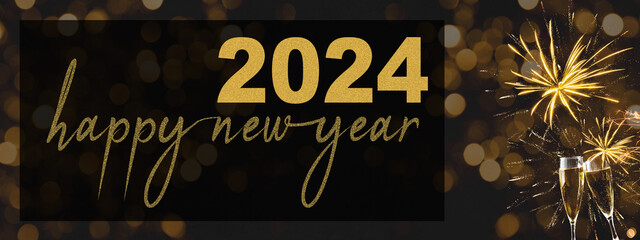 HAPPY NEW YEAR 2024 - Festive silvester background panorama banner long - Golden yellow firework...