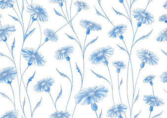 Vintage soft blue floral seamless pattern. Watercolor painting blue daisy flowers with silver contours on white background. Template for design, textile, wallpaper, bedding, ceramics.