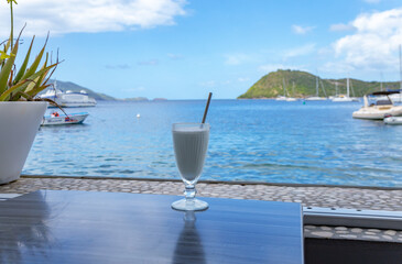 Milkshake, view of the bay of Le Bourg, Terre-de-Haut, Iles des Saintes, Les Saintes, Guadeloupe, Lesser Antilles, Caribbean.