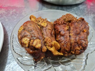 Fried beef brain is one of the menus in Nasi Padang. Exotic and extreme menu at Nasi Padang which is popular in Indonesia