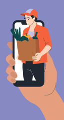 People and shopping. A man with a grocery bag. Mobile phone. Buying groceries online, delivery by courier. Vector image.