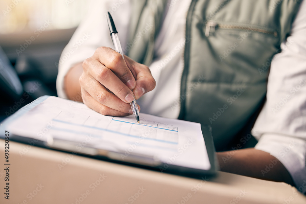 Poster no one is more organised than a delivery man. shot of a delivery man writing on a clipboard while si