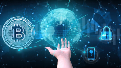 3D Render Bitcoin on Blue Background.Future money for payment and internet market.