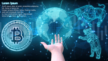 3D render Blue Bitcoin concept Cryptocurrency with Bull and Bear in futuristic element for Future business world of economy