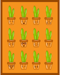 Colorful cartoon kawaii cactus and pots with different emotions. Life is better with a cactus.